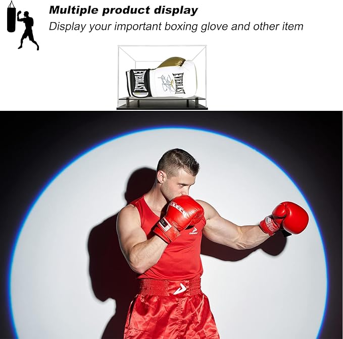 Clear Boxing Glove Display Case,Self-Assembly Acrylic Baseball Glove Display case for Full Size,Football Glove Display Case Holder Showcase.Baseball Mitt Ball Display Case with Black Base Riser Stand