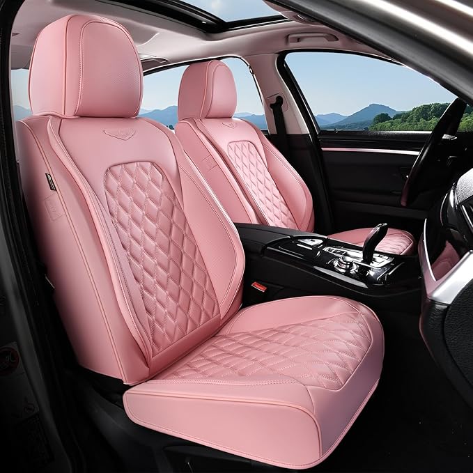 Coverado Front Seat Covers, Luxury Faux Leather Breathable Waterproof Protectors, Universal Fit for Cars, SUVs, Trucks, Durable Car Seat Protectors, Waterproof Car Cushions – Pink