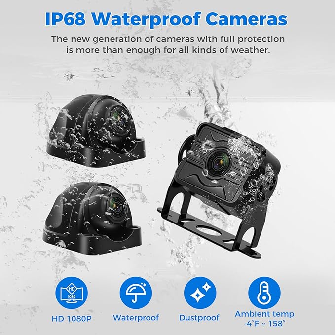 3 Camera Wired Backup Camera System Dash Cam for Truck/RV/Trailer/Bus/Tractor 10.1" Touch Monitor Loop Recording Split Screen 1080P Rear View & 2 Side View Camera Night Vision IP68 Back up Camera
