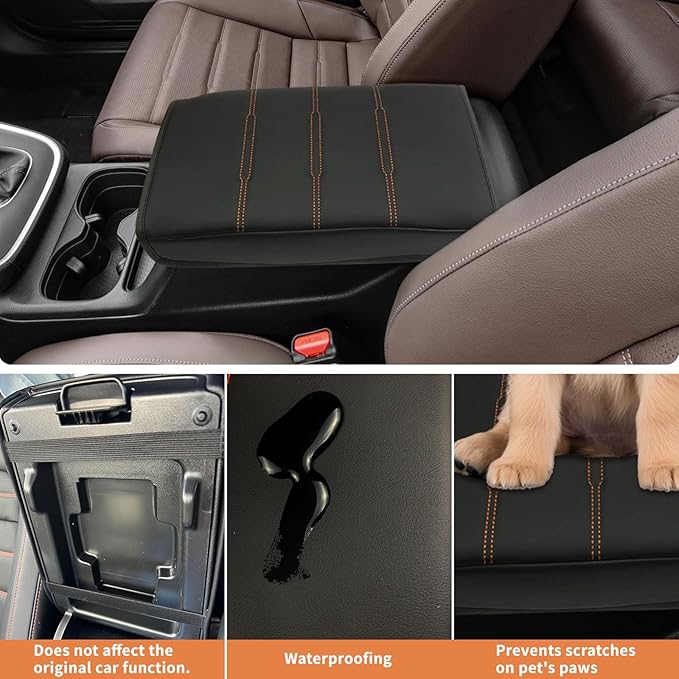 Center Console Cover for 2023 2024 2025 2026 Honda CR-V LX/EX/EXL/Sport/Sport-L/Sport Touring Hybrid, Armrest Lid Cushion Leather Protector Interior Accessories (Black/Orange Stitching)