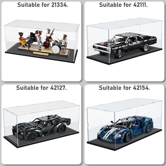 Choowin Acrylic Display Case for Lego Car Dodge Charger Batmobile Jazz Quartet - Thickened Clear Acrylic Display Box for Collectibles - Dustproof, Assemble, Black Base