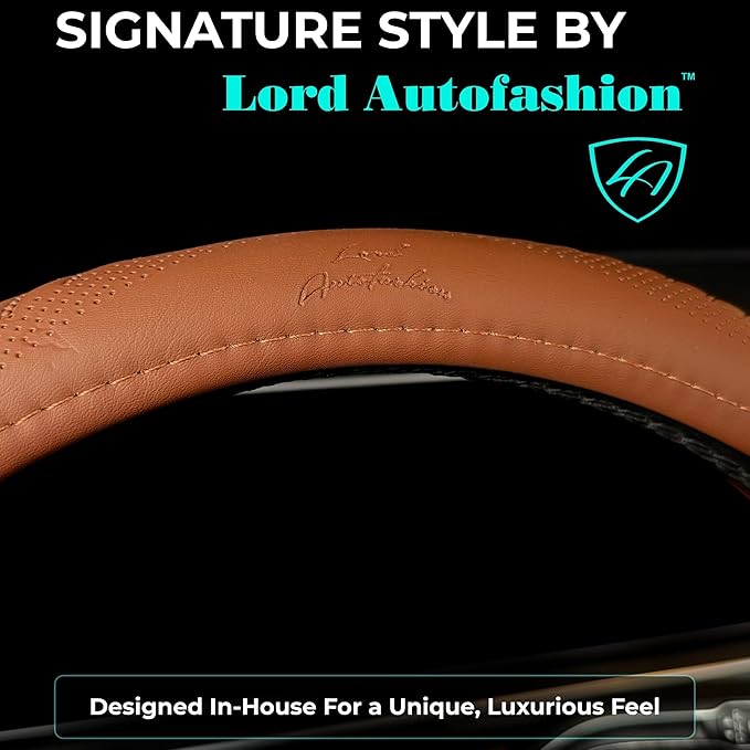 Lord Autofashion Steering Wheel Cover – PU Leather, Non-Slip Rubber Inner, All-Season Comfort – 14.5–15 Inch (Tan 9356)