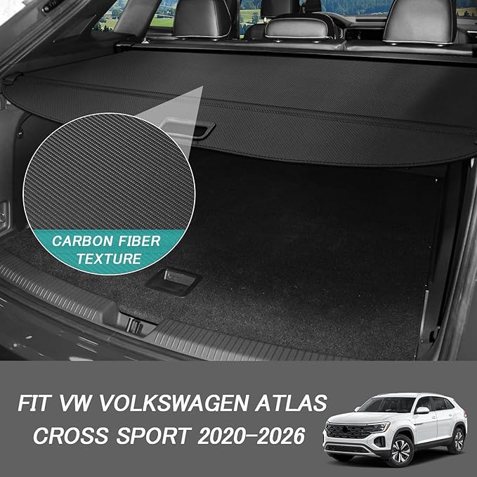 Cargo Cover for VW Volkswagen Atlas Cross Sport 2020-2025 2026 Accessories Retractable Trunk Cover Security Shielding Shade Cargo Luggage Cover Trunk Privacy Protection (Carbon Fiber Texture)