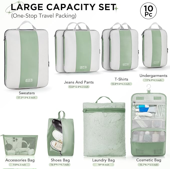 10 Set Compression Packing Cubes for Travel Essentials,Compressible Expandable Packing Cubes for Suitcase,OlarHike Luggage Organizer Bags for Travel,Handy Helper for Organizing Clothes(Matcha Green)