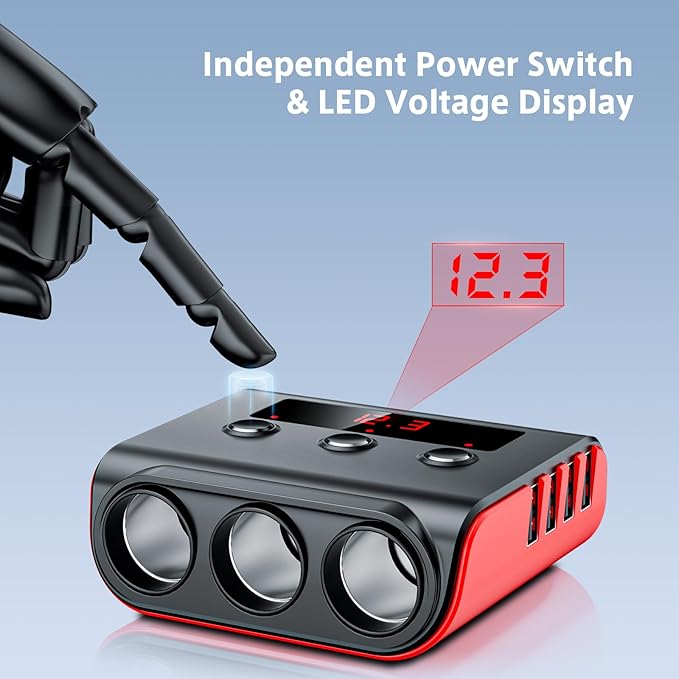 7 in 1 Cigarette Lighter Splitter, SONRU 3 Sockets Cigarette Lighter Splitter with 4 Fast Charging USB Ports, 120W 12V/24V DC Independent Power Switches & LED Voltage Display for All Car Devices