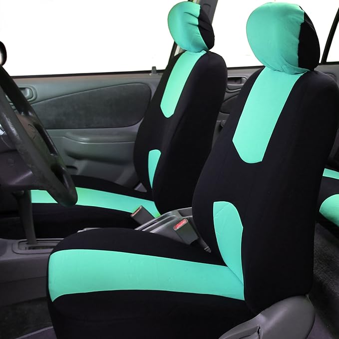 FH Group Car Seat Covers Flat Cloth Automotive Mint Full Set, Rear Solid Bench Universal Fit Combo Steering Wheel Cover & Seat Belt Pads Car Seat Protector for Cars Trucks SUV Interior Accessories