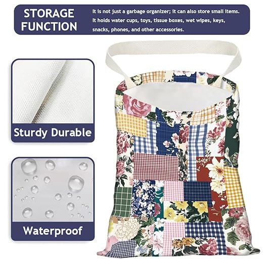 Floral Patch Print Car Trash Bag Hanging Garbage Bag with Snap Buttons Car-Back Seat Trash Storage Portable Dustbin for Men Women Car Interior Accessories Travel Camping