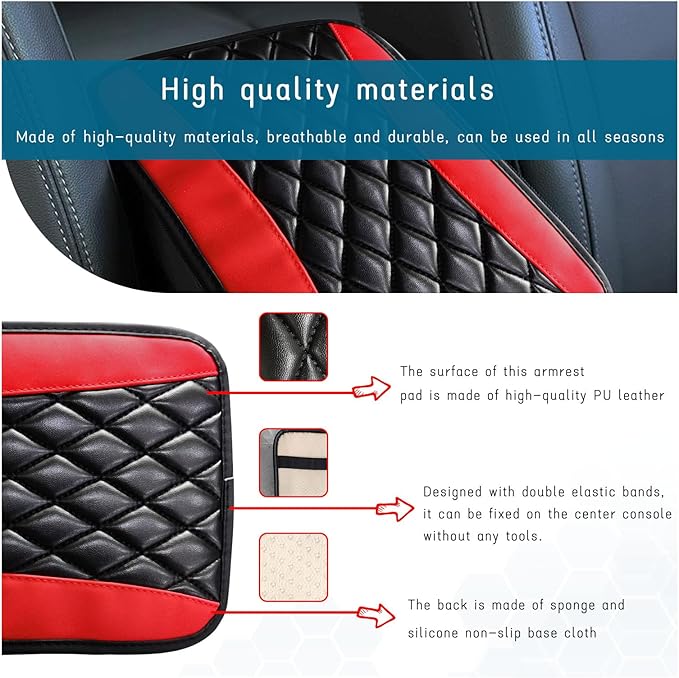 Car Center Console Cushion Pad, Universal Leather Waterproof Armrest Seat Box Cover, Comfortable Auto Armrest Cover Protector, Car Interior Decor Accessories for Most Vehicles (Black & Red)