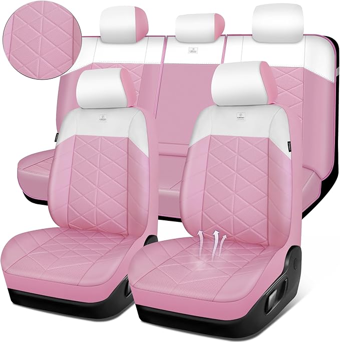 CAR PASS Nappa Leather Seat Covers for Car, Waterproof Seat Covers Full Set, Luxury 3D Rhombus Lined Sponge Airbag Compatible Universal Fit for Automotive SUV Truck Pickup Sedan, Pink White