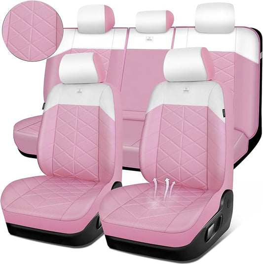CAR PASS Nappa Leather Seat Covers for Car, Waterproof Seat Covers Full Set, Luxury 3D Rhombus Lined Sponge Airbag Compatible Universal Fit for Automotive SUV Truck Pickup Sedan, Pink White