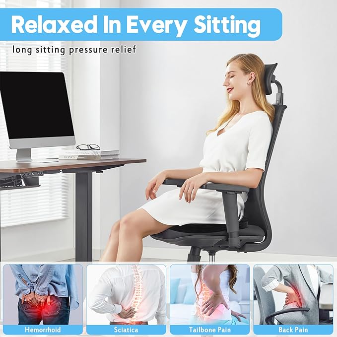 Car Seat Cushion for Sciatica Pain Relief, Extra Large Ergonomic Memory Foam Seat Pad for Lower Back & Tailbone Support, Cushion for Long Driving, Office Chair, Truck, Wheelchair - Black