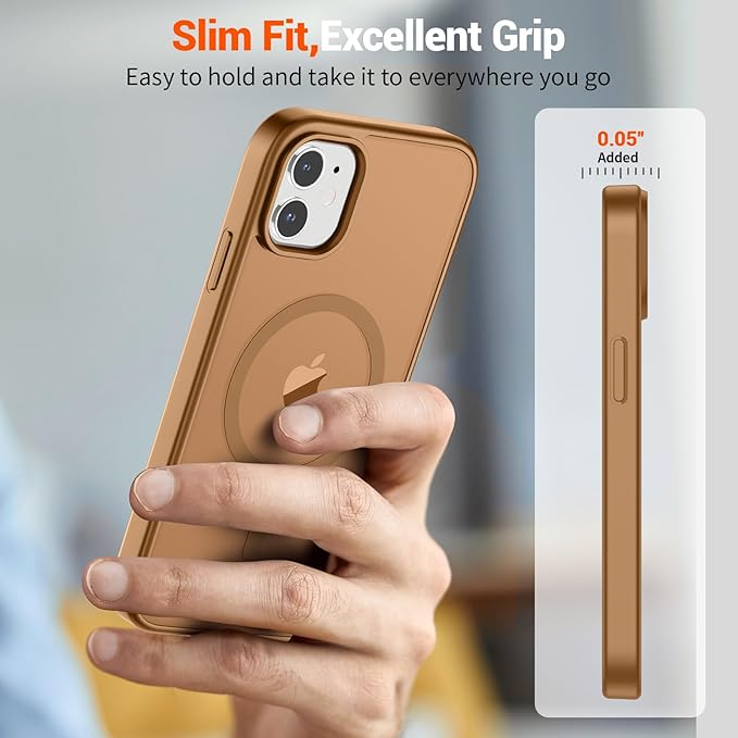 SUPFINE Magnetic for iPhone 12 Mini Case & iPhone 13 Mini Case (Compatible with MagSafe) (Military Grade Drop Protection) Slim Translucent Matte Shockproof Phone Cover,Brown