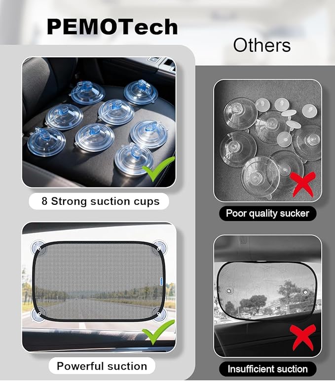 PEMOTech Car Window Shades for Baby【8 Suction Cups & Static Cling】 2 Pack-21"x14" Side Window Cover for Child,Certified Sunshades for Kids to Block 99.9% UVR, Sun Shade Universal Fit Most of Cars