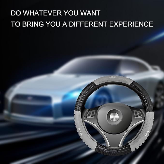 Sport Style Black Carbon-Fiber Steering Wheel Cover with Grey Grip Steering Wheel Accessory,Universal Fit 14.75-15 inch Steering Wheel