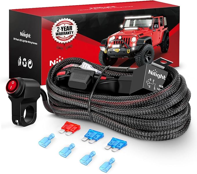 Nilight Wiring Harness Kit Nylon 16 AWG 2 Leads 12V Motorcycle Handlebar Switch On Off Power Relay Blade Fuse for LED Light Bar Off Road Lights on Motorcycles Bicycles ATV UTV