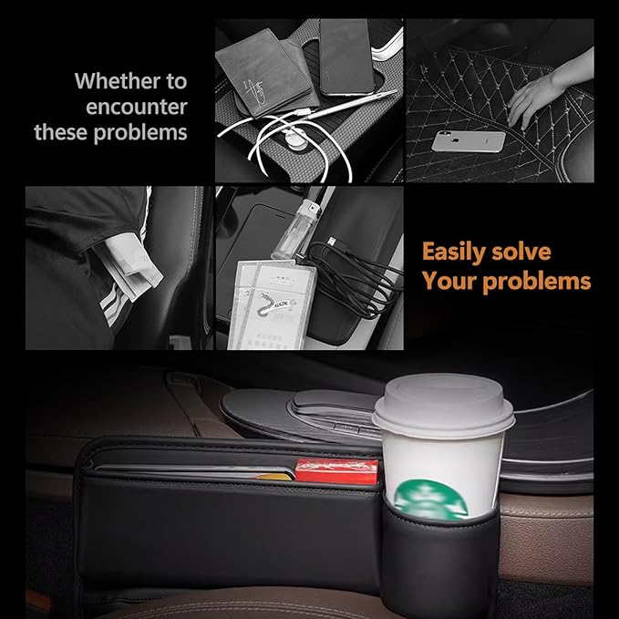 Pack-1 Car Organizers Storage Box, Car Seat Gap Filler with Cup Holder, Leather Center Console Side Storage Box, Universal for Most Cars, Trucks, Vans (Black), YUMCWH2408BL-1PC