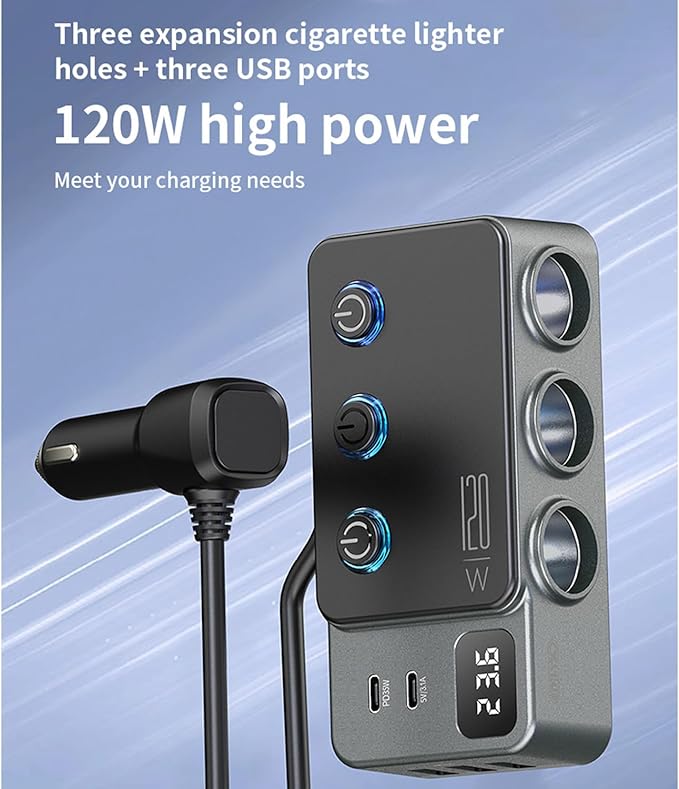 Cigarette Lighter Splitter, 8 in 1 Car Cigarette Lighter Adapter PD 35W Car Charger 3-Socket Heavy Duty Truck Multi Port USB C 12V/24V Independent Switches LED Display Super Fast Charger Car Devices