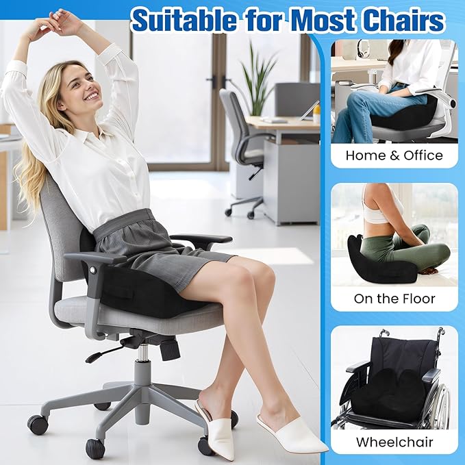 Seat Cushion, Chair Cushions for Office Chairs/Desk Seats/Wheelchair - Hip&Sciatica&Tailbone Pain Relief Memory Foam Office Chair Cushion for Long Sitting Office Workers(Black, X-Large)