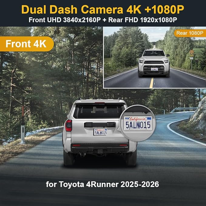 Fitcamx Front 4K+Rear 1080P Dash Cam Adapts for Toyota 4Runner 2025-2026 & Hybrid (HD2-35030), Integrated Factory Look, 2 Way HD Video, WiFi & APP, Loop Recording, G-Sensor, Easy to Set, 128GB Card