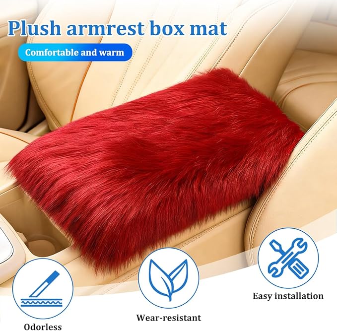 Car Center Console Cover, Fluffy Soft Vehicle Middle Console Arm Rest Cushion Pad, Furry Automotive Interior Armrest Seat Box Protector Decoration Accessories, Universal Fit (Red)