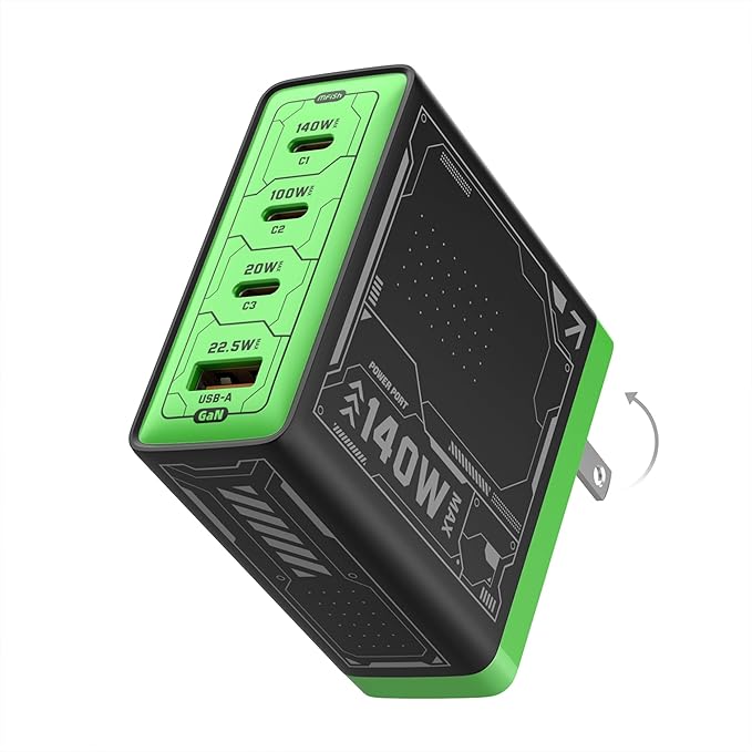 Mfish E-Rhino 140W USB-C Charger, True PD 3.1 GaN Fast Charger, 4-Port (3 USB-C + 1 USB-A) Foldable Plug Power Adapter for MacBook Pro 16”, iPhone 17/16, iPad, Galaxy, Tablet, Laptop Black