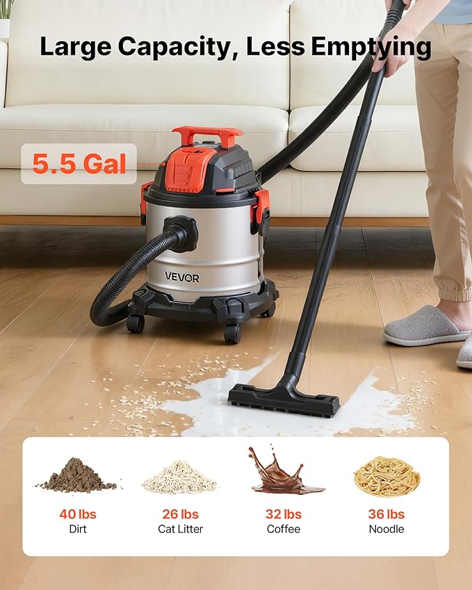 VEVOR Shop Vac, 5.8 Gallon Wet Dry Shop Vacuum, 4 Peak HP with One-Button Self-Cleaning, Dual-Filter, 900W Input Power, 1.25in x 7ft Hose, 9.8ft Cord, Metal Tank for Jobsite, Workshop, Garage, Home