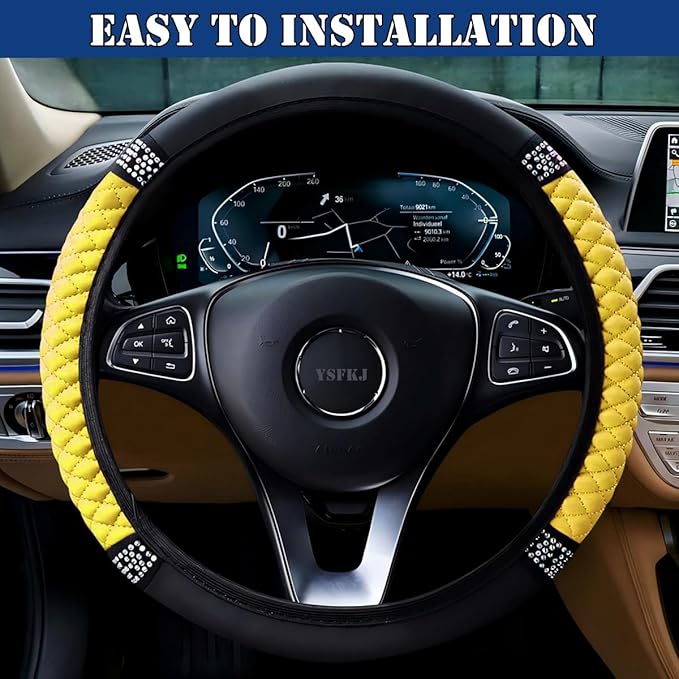 Soft Leather Car Steering Wheel Cover, Universal 15 Inch Colorful Rhinestones Anti-Slip Elastic Steering Wheel Covers for Most Cars, Sparkly Crystal Diamond for Women Girls (Yellow)