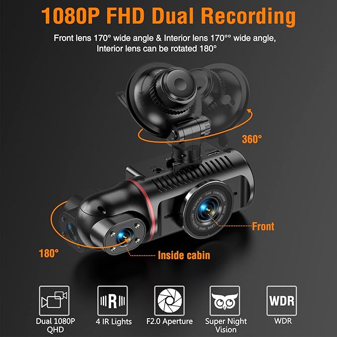 Dash Cam Front and Inside, FHD Dashcams for Cars with 64GB Card Dash Camera for Cars, 1080P Front Dash Cam+1080P Inside Dashcam for Car Dash Camera with IR Night Vision Loop Recording