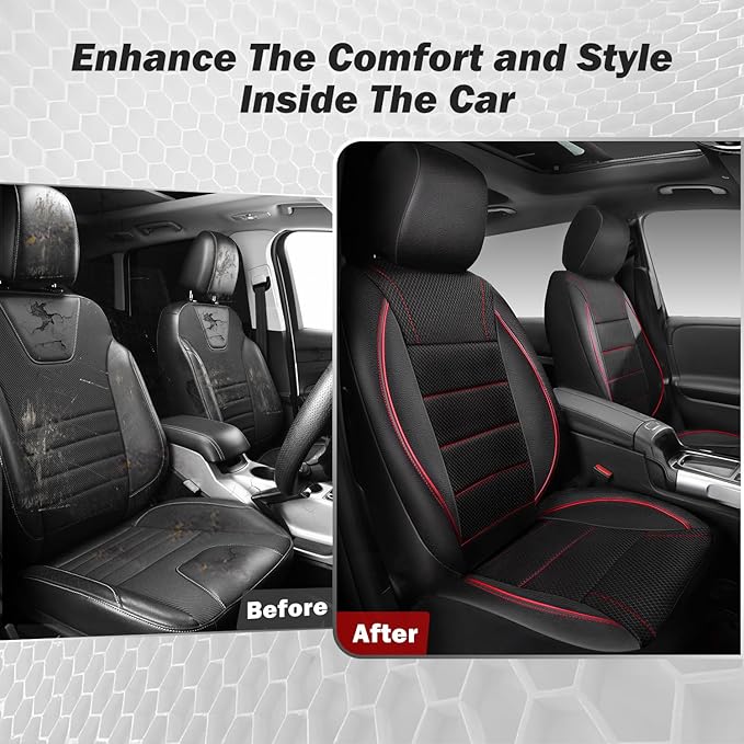 CAR PASS Air Mesh Leather Car Seat Covers Front Seats, Breathable Two Front Seat Covers for Cars, Comfortable Universal Fit for SUV Truck Sedan Automotive, Anti-Slip Airbag Compatible,Black and Red