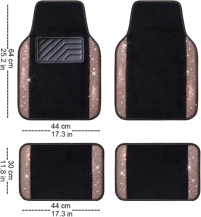 CAR PASS Bling Rhinestone Diamond Car Floor Mat, Crystal Sparkly Shining Glitter Carpet Waterproof Anti-Slip PVC Heel Pad, Universal for Interior Auto SUV,Sedan,Van,4pcs Girl Women Men, Champagne Gold