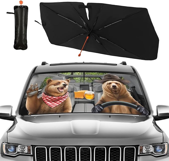 Funny Bear Driving Car Windshield Sun Shade Umbrella Fun Bear Sunshades for Car Windshield Upgraded Sun Visor Protector for Sedan SUV Most Vehicles Printed Front Window Shades