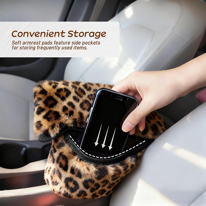 Fluffy Car Armrest Cover with Side Pockets – Plush Fuzzy Fur Center Console Armrest Cushion Pad, Universal Winter Car Interior Protector, Soft Arm Rest Cover with Storage for Women & Men (Leopard)