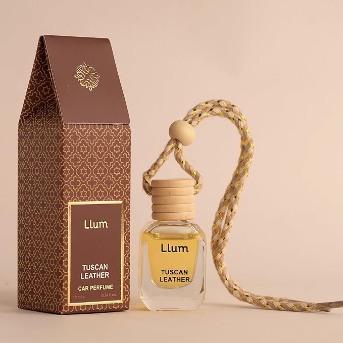 Llum Tuscan Leather Hanging Car Air Freshener – Luxury Automotive Perfume Diffuser 10ml (0.34 fl oz), Long-Lasting Fragrance, Alcohol-Free Non-Toxic Scent, Glass Bottle With Wood Cap