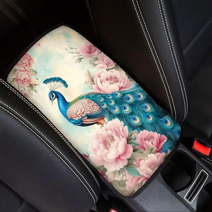 Suobstales Peacock Pink Flower Print Car Armrest Pad Soft Center Console Arm Rest Protector Cover Universal Car Interior Accessories Decoration