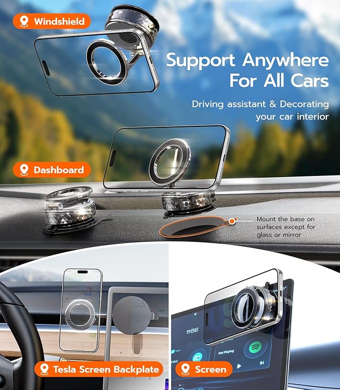 Meifigno Magnetic Car Phone Holder for Tesla Screen & Backplate,[All-Metal] 360° Rotation Vacuum Suction Cup Car Phone Mount for Magsafe, Foldable Car Phone Holders for Your Car for iPhone Android