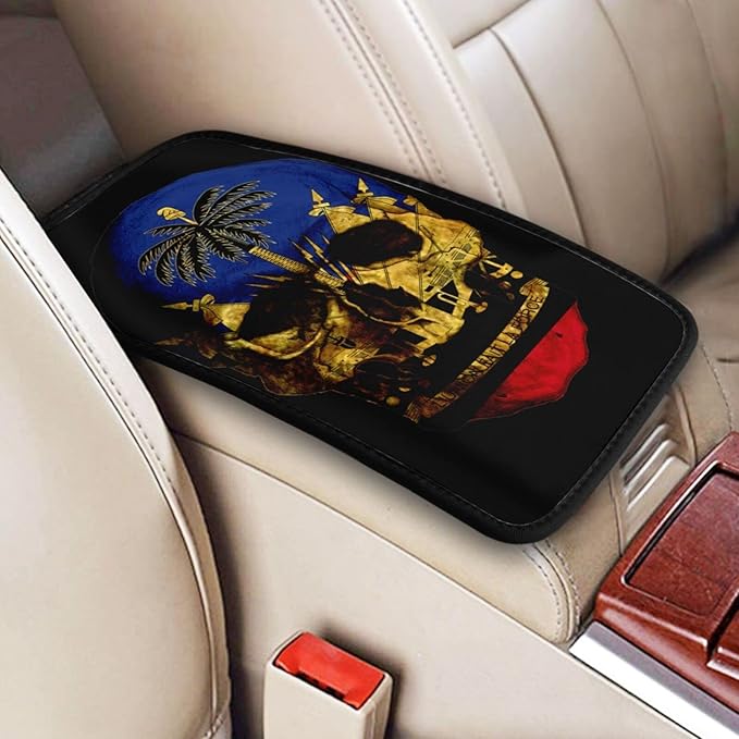 Haitian Flag Haitian Skull Car Armrest Cover Auto Center Console Pad Soft Car Armrest Cushion Handrail Box Universal Decoration Cushion