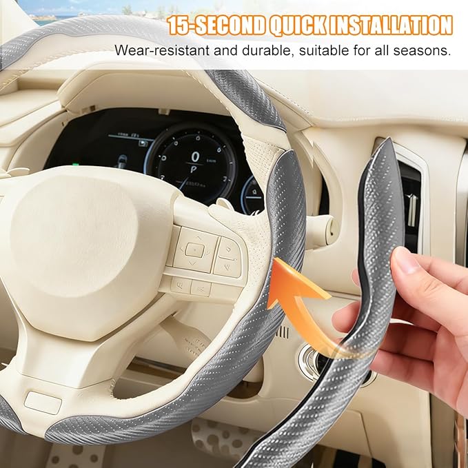 3PCS Carbon Fiber Car Steering Wheel Cover, Leather Segmented Anti-Skid Steering Wheel Protector, Snap on Automotive Interior Protection Accessories, Universal for Vehicles (Gray)