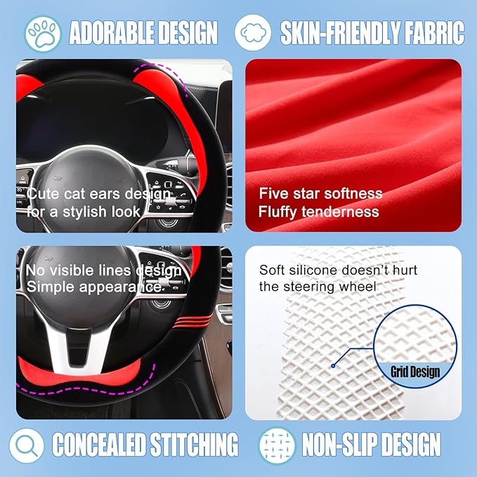 Furry Cute D Shaped Steering Wheel Cover, Soft Fluffy Short Plush Auto Accessories, Non-Slip Cold-Proof Sweat-Proof Colorfast, Universal 15 inch(Black with Red)