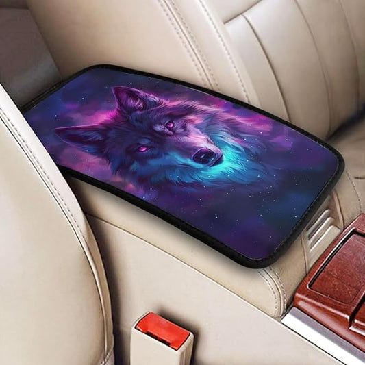 Car Center Console Cover Purple Wolf Print Polyester Fabric Car Armrest Cover Cool Animal on Galaxy Nebula Universal Car Interior Accessories for Most Vehicles SUVs Truck Sedans