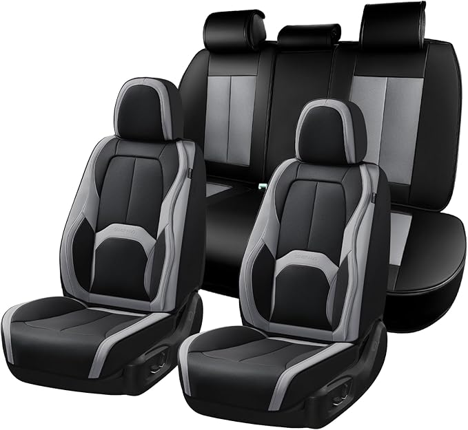 Coverado Car Seat Covers, Leather Seat Covers Full Set, Waterproof Car Seat Protector with Lumbar Support, Automotive Seat Covers Seat Cushions Universal Fit for Most Cars SUV Trucks, (Black&Beige)