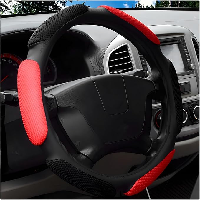 Car Steering Wheel Cover, 15" Breathable Ice Silk Auto Wheel Protector with Comfortable Grip, Anti-Slip Slip-on Steering Wheel Wrap Soft Hand Pad Cushion for Women Men (Black & Red)