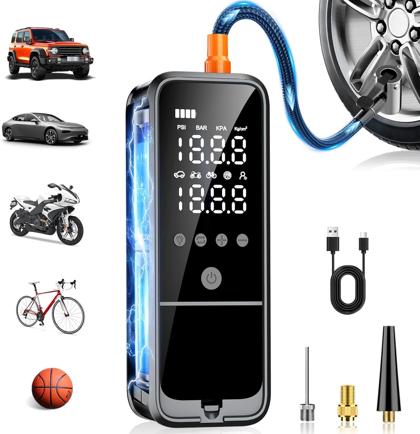 Tire Inflator Portable Air Compressor, 160 PSI Air Pump for Car Tires with Digital Pressure Gauge, Bike Tire Pump with LED Light Portable Tire Inflator for Car, Bike, Motorcycle, Ball