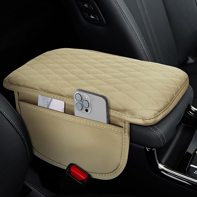 Car Center Console Cover, 12"×7.87" Waterproof Leather Auto Armrest Cover Protector with 2 Pocket, Comfortable Arm Rest Box Cushion Pad, Universal Interior Car Accessories (Beige)
