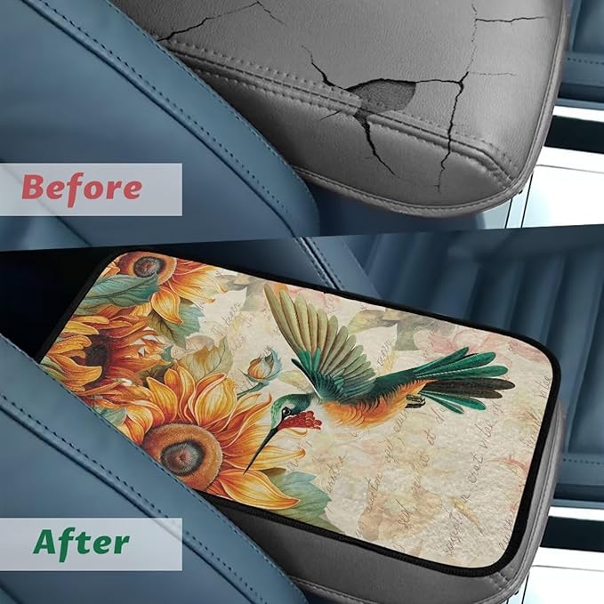 Sunflower Hummingbird Middle Console Covers Non-Slip Flannel Armrest Cover for Car Easy Install Arm Rest Lid Protector Cushion Fit for Cars Truck SUV or Vans