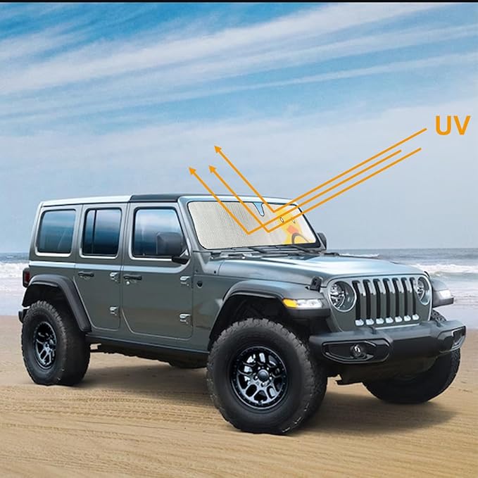 Windshield Sun Shade for Jeep Wrangler JK JKU JL JLU1997-2024,Window Sun Visor for UV Rays & Heat Protection,Duck Windshield Sunshade