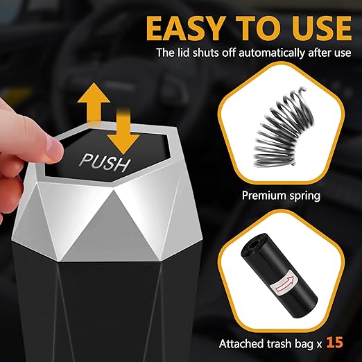 Car Trash Can with Lid - 1-Pack, Interior Accessories for Vehicles, Leakproof Garbage Can with 15 Detachable Trash Bags, Multipurpose Organizers and Storage Solutions for Home and Office