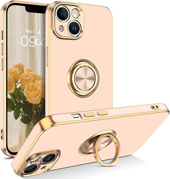 VENINGO Compatible with iPhone 14 Case, Slim Fit Soft 360° Ring Holder Kickstand Magnetic Car Mount Supported Easy Clean Shockproof Protective Phone Cover for iPhone 14 6.1" 2022, Pink/Golden