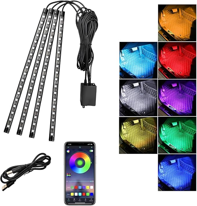 Car Led Interior Lights, RGB 72 LED Multicolor Auto Strip Light with Sound Active Function and APP Control, Under Dash Smart Lighting Kit with Charger, Car Accessories (USB)