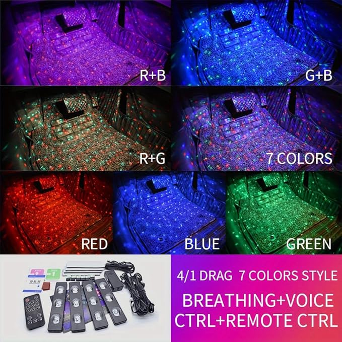 Car Interior Ambient Lights,4Pcs 12LED USB Plug-in RGB Multicolor Star Atmosphere Lights for Car Carpets Under Dash LED Accent Lighting Kit with Sound Active and Remote Control DC 5V