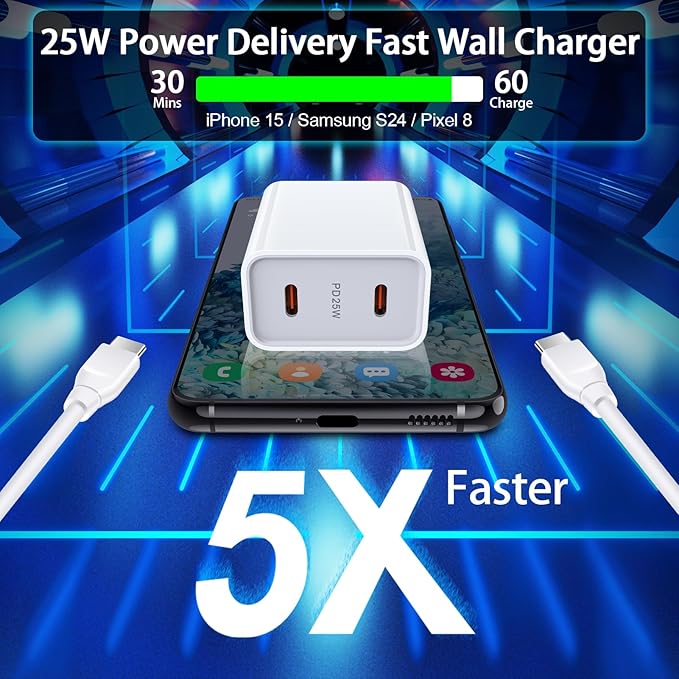 Samsung Charger Fast Charging Cord Android Charger for Samsung Galaxy A17 A16 A15 5G A35 A55 S26 S24 Ultra A25 S23 S22 Google Pixel 8, 25W 2 Port USB C Phone Wall Plug Block, 6FT 60W Type C to C Cable